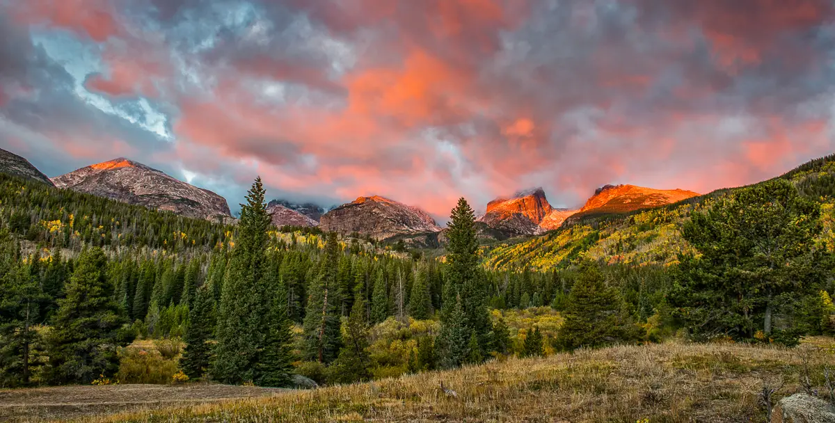 Storm Pass Sunrise with Fall Golden Aspens on a Estes Park Photo Tour